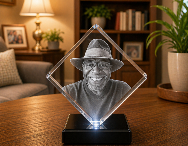 Crystal Cube (Cut Corner) - Large w/ Light Base